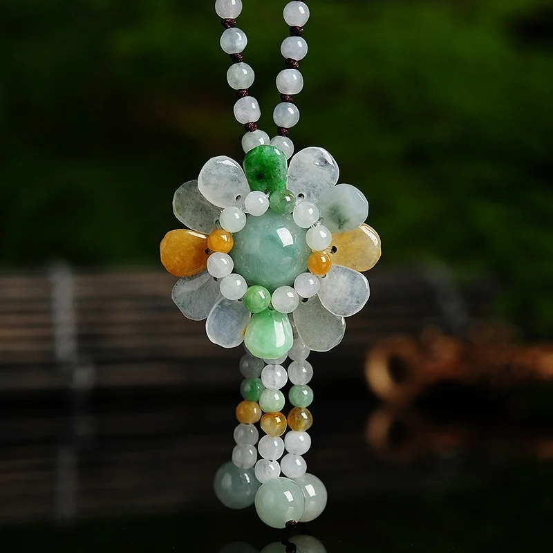 Necklace Pendant - Certified Burmese Jade Sunflower Pendant Jadeite
